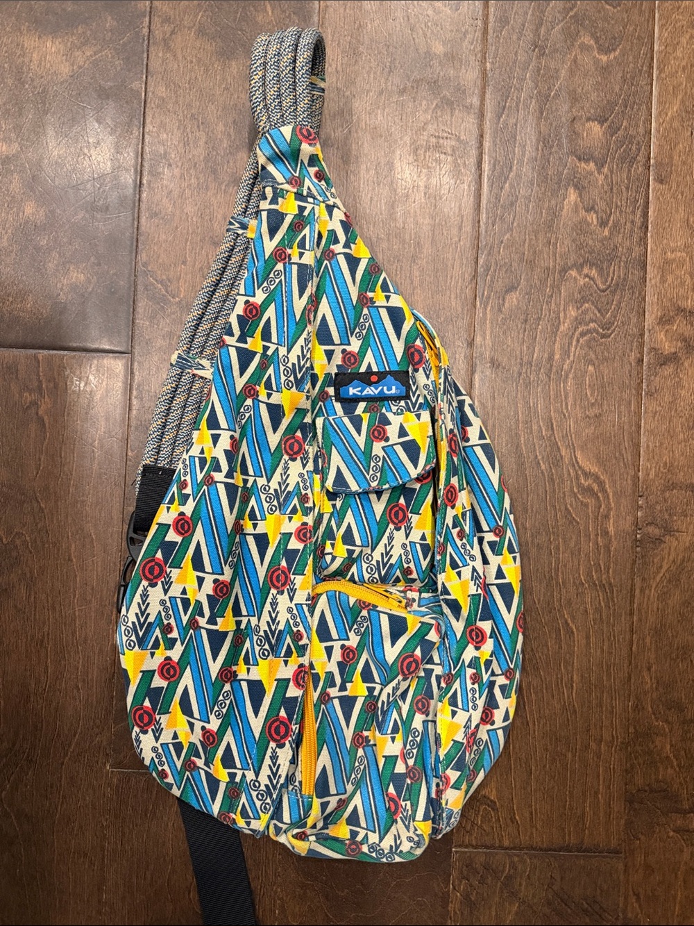 Kavu Geo Pattern Sling Bag in Blue, Yellow & Red